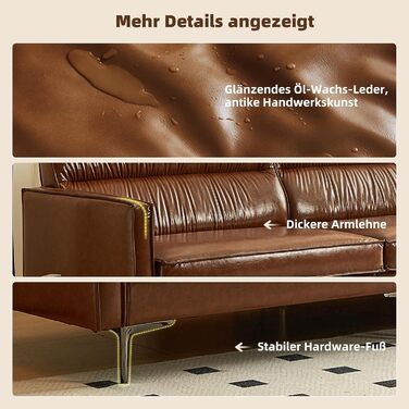 Місний диван під вінтажну шкіру Компактний диван зі штучної шкіри з ґудзиками, металевими ніжками та прямими підлокітниками, коричневий Ретро-диван для вітальні, офісу або невеликої квартири (гладка версія) 220 см гладка версія, 3-