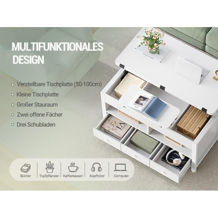 Журнальний столик Hzuaneri, стіл для вітальні з регульованою висотою, 3 шухлядами та 2 відділеннями, 50 100 47 см, журнальний столик з відділенням, що трансформується в обідній стіл, для вітальні, домашнього офісу, білий CT22203W