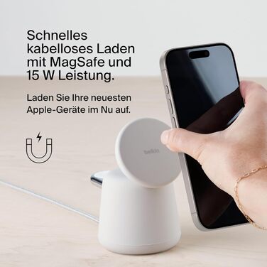 Бездротова зарядна станція Belkin BoostCharge Pro 2-в-1 з MagSafe (15 Вт), зарядний пристрій MagSafe, сумісний з iPhone серій 16,