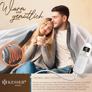Електрична ковдра з підігрівом KESSER з автоматичним вимкненням 200x180 см, двостороння Затишна ковдра для ліжка, дивана 9 температурних режимів Можна прати до 40C з таймером та цифровим дисплеєм Антрацит