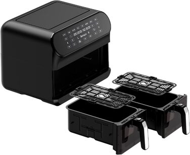 Двозонна фритюрниця CHEFREE з оглядовим вікном, подвійна фритюрниця ємністю 8 л XL, світлодіодний сенсорний екран, антипригарне покриття, 8-в-1, розумна функція та функція таймера, кошики, безпечні для посудомийної машини, чорний, AFW20