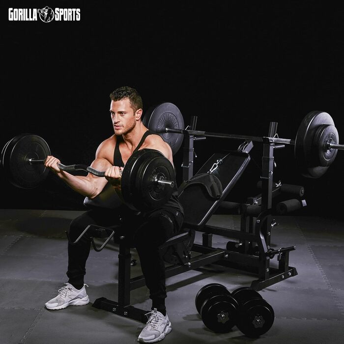 Багатофункціональна лава для штанги з регульованою стійкою для штанги, вежею для тяги найширшого хвата, верстатами &quotметелик&quot, згиначами ніг, чорний або білий колір - тренувальна лава, фітнес-станція, станція для тренувань