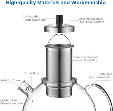 Скляний чайник ECOOE з ситечком для чаю 1500 мл, скляний чайник, прозорий, термостійкий, зі знімним ситечком для чаю з нержавіючої