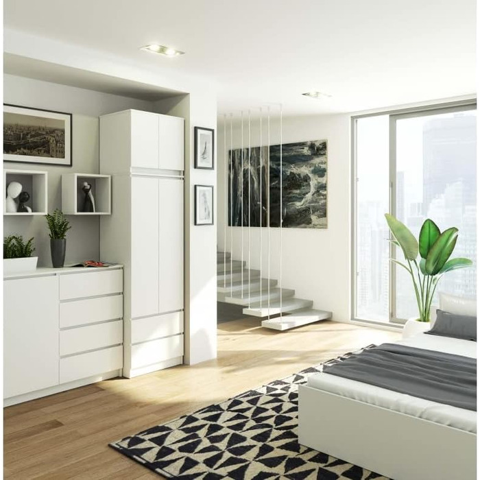 Шафа BDW з надставкою, 4-дверна шафа, 2 шухляди - Шафа для зберігання - Сучасна шафа для спальні, вітальні, коридору, 234x60x51 см - Біла