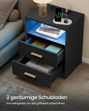 Колекція Custos - Тумбочка із зарядною станцією, комплект із 2 шт. , світлодіодне підсвічування, бічний столик, сучасний, з шухлядами, 2 розетками змінного струму та USB-портами, чорний колір LET829BC01 чорний колір 2 комплекти