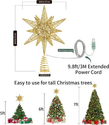 Різдвяна верхівка для ялинки у формі зірки золота Lewondr