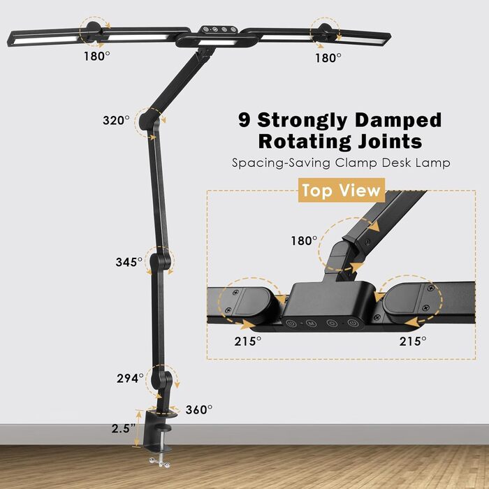 Настільна лампа LED з регулюванням яскравості, 24 Вт 5-головкова затискна настільна лампа для захисту очей Настільна лампа Лампа денного світла для працівника в офісі Читач Архітектор Кравець Чорний