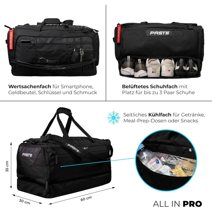 Преміальна спортивна сумка об&39ємом 68 л з функцією рюкзака, відділенням для взуття та відділенням для вологих речей, чорна - Футбольна сумка та тренувальна сумка з функцією охолодження, велика, для жінок та чоловіків - Дорожня сумка XL та сумка для спор