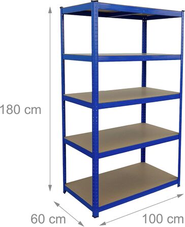 Міцний стелаж Relaxdays, ВxШxГ 180x100x60 см, вантажопідйомність 1250 кг, 5 полиць МДФ, полиця для зберігання в підвалі, вставного типу, синій