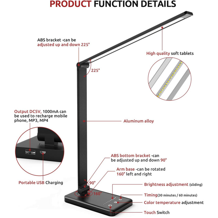 Настільна лампа Angdarun зі світлодіодним регулюванням яскравості, світлодіодна настільна лампа з USB, 5 кольорів і 10 яскравості, сенсорне керування, автоматичний таймер, складні настільні лампи, захист очей, настільна лампа для дітей, офісна чорна