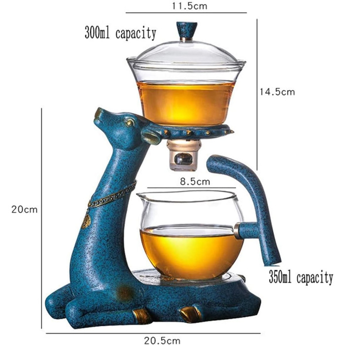 Набір скляних чайників RORA з напівавтоматичним обертанням та ситечком для чаю, Лінивий Кунг-Фу, (Олень) Синій