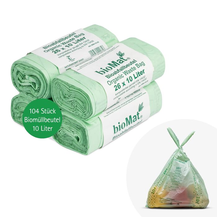 Компостовані пакети для біовідходів bioMat об&39ємом 10 л з ручкою для перенесення, 104 пакети, преміальна якість, сертифіковані DIN, кліматично нейтральні, зроблені в Німеччині