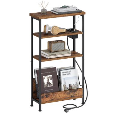 Вузький бічний столик Hzuaneri, 4-ярусний бічний столик для дивана з тримачем для журналів та зарядними розетками, підходить як тумбочка для вітальні або кабінету, вінтажний коричнево-чорний ET40001BEU