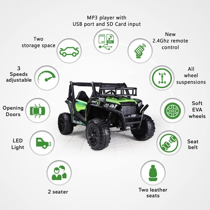 Дитячий електромобіль RIRICAR 24V UTV, зелений, електромобіль для дітей 2-х місцевий з пультом дистанційного керування 2.4 ГГц, дв