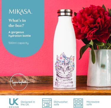 Пляшка MIKASA Tipperleyhill з нержавіючої сталі з подвійними стінками, 500 мл, вакуумно-ізольована, зберігає напої гарячими та холодними, пляшка з нержавіючої сталі без бісфенолу А з принтом кота