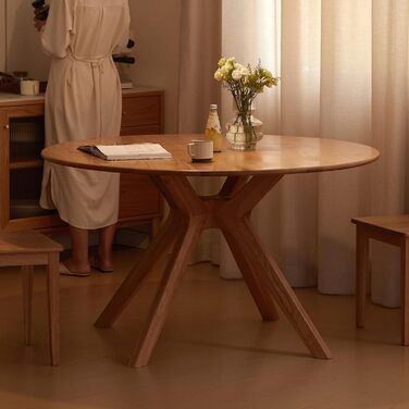 Обідній стіл з масиву дуба, круглий стіл 120 см, без шпону, сучасний кухонний стіл, круглий обідній стіл, міцний, обідні столи для 4-6 осіб, 120x120x74,8 см, натуральний колір