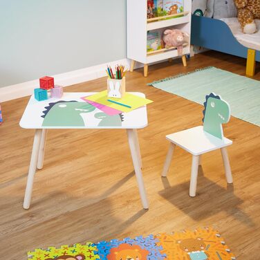 Дитячий комплект сидіння Relaxdays, дизайн динозаврів, дитячий стіл зі стільцем, для дівчаток та хлопчиків, зона відпочинку для дитячих кімнат, білий/зелений