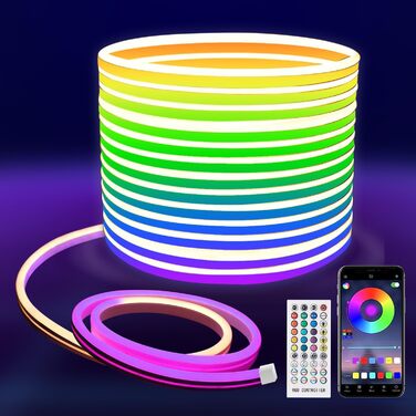 Неонова світлодіодна стрічка MMEEVT 10 м, RGB неонова світлодіодна стрічка IP65 водонепроникна, гнучка неонова світлодіодна стрічка з пультом дистанційного керування та керуванням програмою, неонова світлодіодна стрічка з таймером і синхронізацією музики,