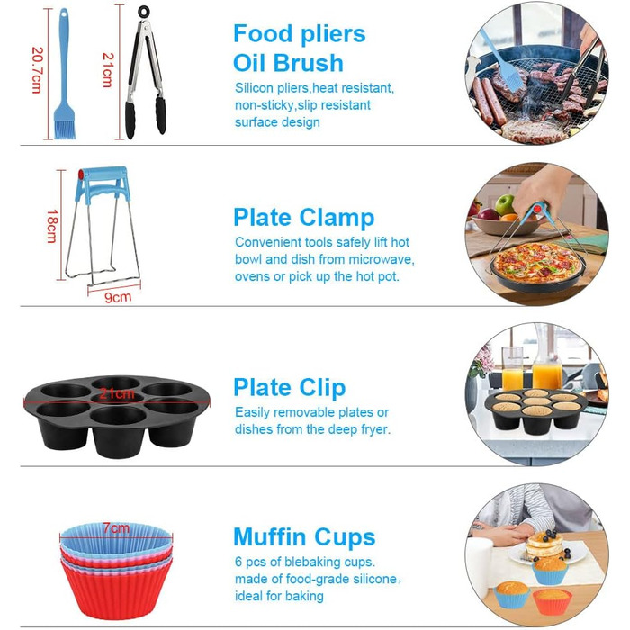Набір аксесуарів для фритюрниці, набір аксесуарів для фритюрниці 8 дюймів 13 шт. для фритюрниць 3.8-5.5 л з рецептами, чашки для тортів з антипригарним покриттям, лоток для піци, силіконовий вкладиш для сковороди, форми для мафінів тощо.
