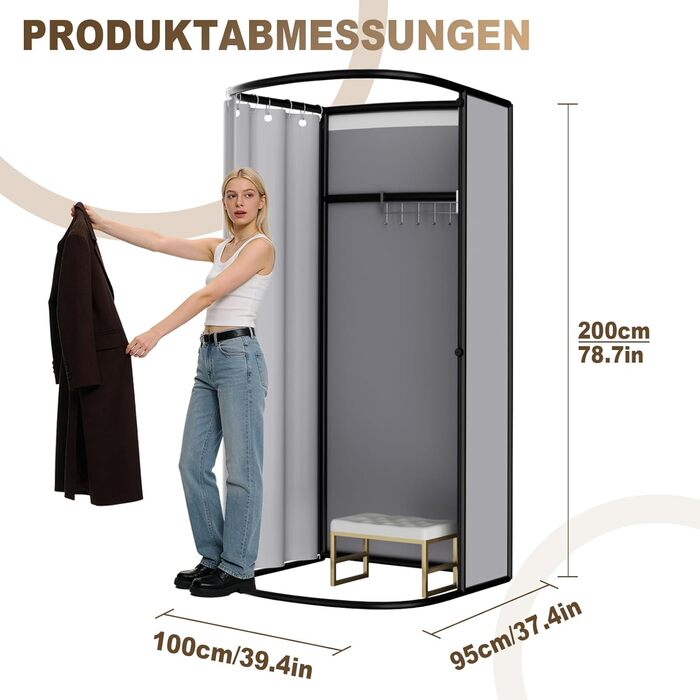 Окремостояча роздягальня, U-подібна, з рухомою рейкою, підлогова переносна ширма для затінення, залізний кронштейн для вушок для роздягальні, для офісу, торгового центру, сірий