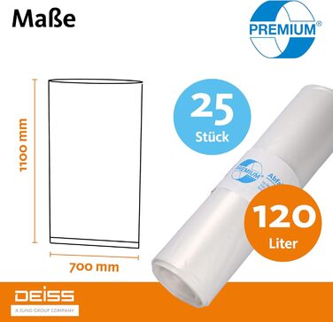 Прозорі сміттєві пакети DEISS PREMIUM, 70 мкм, 120 л, 120 літрів - 70 мкм, 19005, ука (25 шт.), одинарні