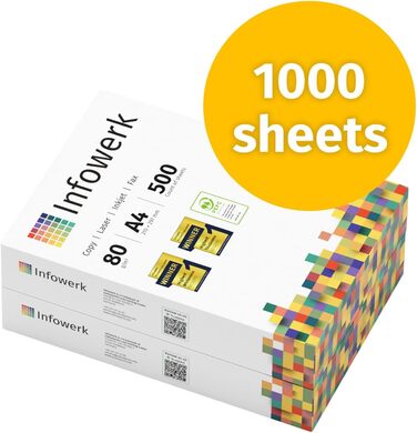 Папір для принтера, папір для копіювання, 1000 аркушів, 2 x 500 A4, 80 г, преміум-класу, яскраво-білий, CIE 160, переможець випробувань, екологічний сертифікат PEFC