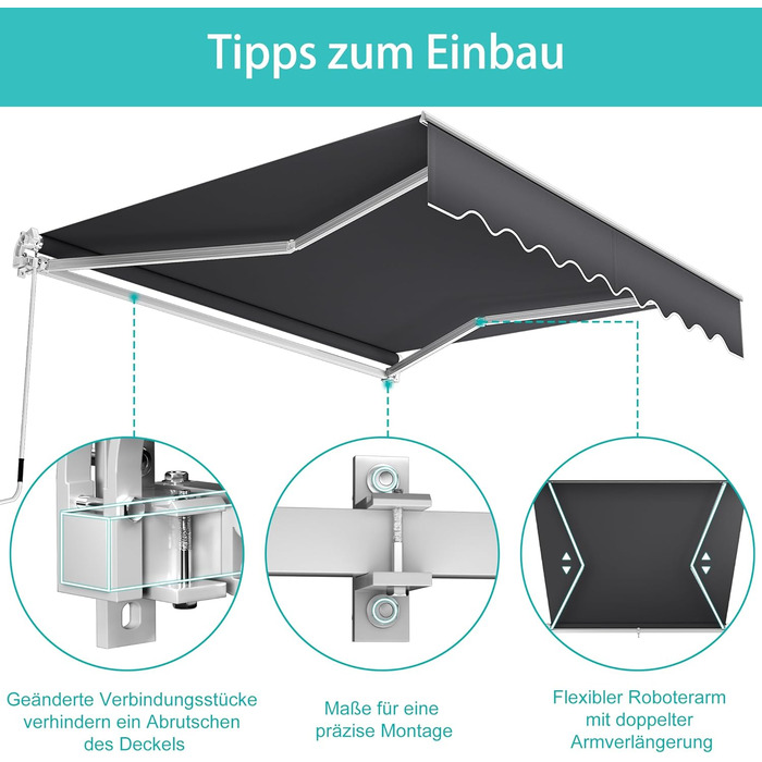 Тент на балкон з кріпленням на скобах, сонцезахисний козирок, складний тент з ручним приводом, сонцезахист, водонепроникний, пилонепроникний, регульована висота (темно-сірий, 3 * 2,5 м) 3 * 2,5 м темно-сірий