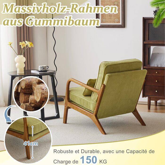 Крісло Bonnlo, м&39яке коктейльне крісло, сучасне крісло для відпочинку, крісло з відкидною спинкою для вітальні, м&39яке крісло з масиву дерева, крісло для читання, вантажопідйомність до 200 кг, вельветова тканина (зелений колір)