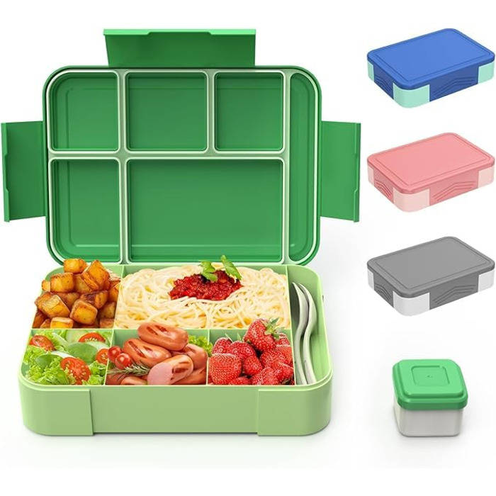 Ланчбокс Kinder Bento з роздільниками 1330 мл, герметичний контейнер для сніданку та перекусу, з 6 відділеннями, для дитячого садка, школи та дорослих, зелений
