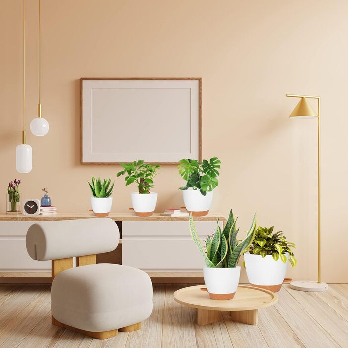 Квітковий горщик CSYY, набір із 7 пластикових квіткових горщиків із системою поливу, 20,3/19/17,7/16,5/15,2/14/12,7 см, самополивний горщик для рослин із блюдцем, для використання в приміщенні та на вулиці, білий, 7 предметів