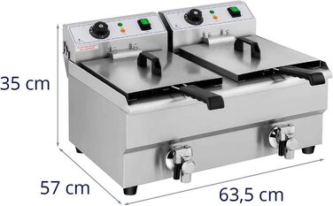 Подвійна фритюрниця з нержавіючої сталі Royal Catering RCEF 10DB (2 x 3,000 Вт, ємність 2 x 10 л, діапазон температур 50-200 C, холодна зона, зі зливними кранами)