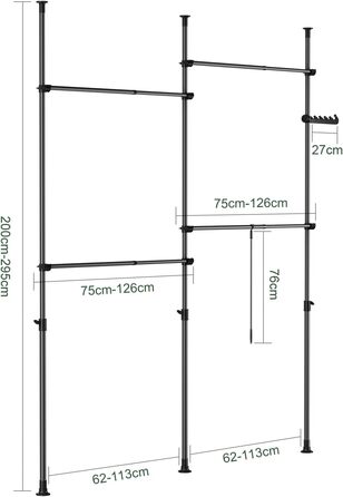 Телескопічна вішалка для одягу SoBuy, міцна вішалка для одягу, регульована відкрита шафа для спальні, вішалка для пальто, чорна KLS03-II-SCH