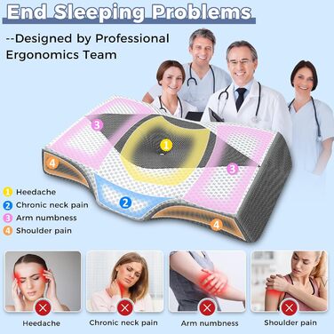 Подушка з піни з ефектом пам&39яті для болю в шиї та плечах, ортопедична подушка для підтримки шиї для сну, регульована ергономічна подушка для сну на боці, спині та животі - порожниста конструкція, сірий та білий