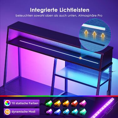 Г-подібний ігровий стіл Coleshome зі світлодіодним підсвічуванням, 130x100 см, кутовий стіл з полицями та кишенями для зберігання, двосторонній ігровий стіл для домашнього офісу та геймерів, чорний