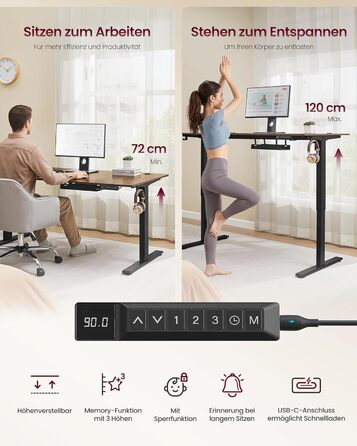 Стіл VASAGLE з регульованою висотою, 140 x 80 см, порт USB-C, подовжувач для зберігання, стіл для роботи стоячи, нагадування про тривале сидіння, 3 кнопки пам&39яті, для офісу, вінтажний коричневий LSD144KD02 140 x 80 см вінтажний коричневий