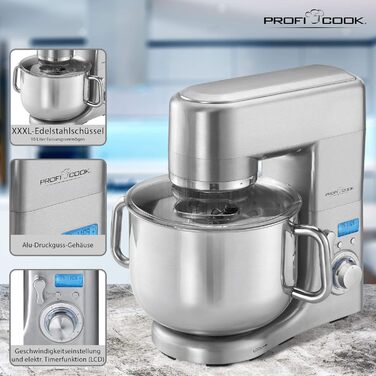 Кухонний комбайн ProfiCook з чашею з нержавіючої сталі XXXL Міксер 10 л з двигуном 1500 Вт Тістомісильна машина з гаком і віночком Машина для замішування тіста Захист від бризок з отвором для наповнення PC-KM 1096 Нержавіюча сталь 10 літрів