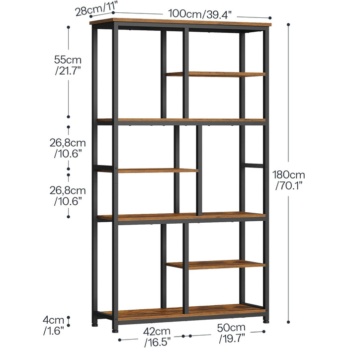 Книжкова полиця HOOBRO, окремостояча полиця з 4 регульованими ніжками, вертикальна полиця, офісна полиця, полиця для зберігання речей для вітальні та кабінету, 100 x 28 x 180 см, вінтажний коричневий та чорний EBF06SJ01