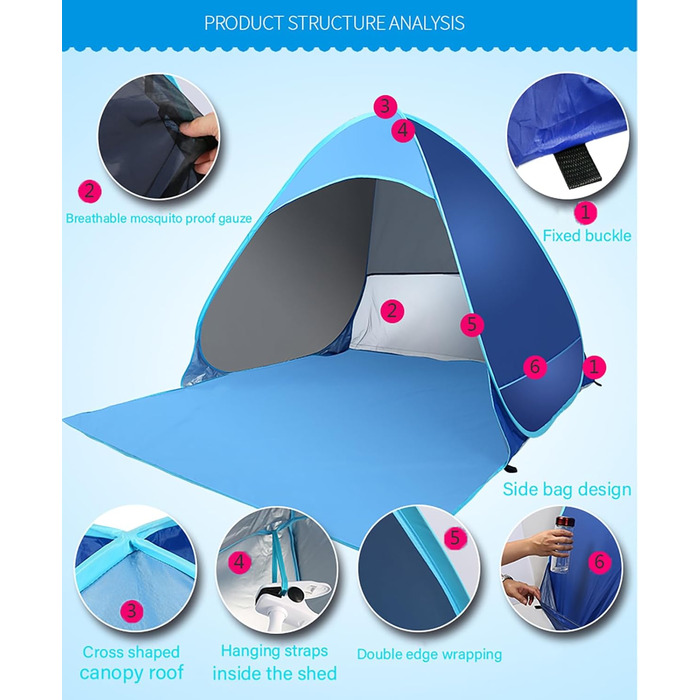 Розкладний пляжний намет із захистом від ультрафіолету 50, автоматичний розкладний намет на 2-3 особи, портативний пляжний намет із сонцезахисною тентом для кемпінгу та саду, невеликий розмір у пакувальному вміщенні