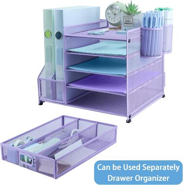 Органайзер для столу, тримач для файлів з 2 тримачами для ручок, 5 рівнів, лоток для паперів та листів з шухлядою, сітчастий настільний органайзер з тримачем для журналів та канцелярського приладдя, фіолетовий/фіолетовий, 5 рівнів