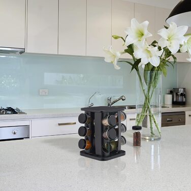 Підставка для спецій Relaxdays з 12 баночками для спецій, що можна багаторазово наповнювати, зі вставкою-шейкером, обертовою каруселью для спецій, нержавіюча сталь, чорна