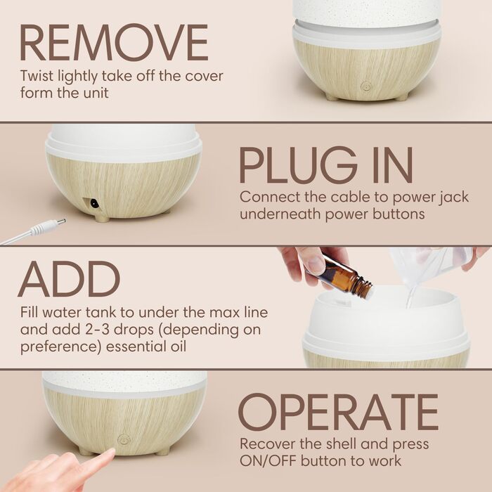 Аромадифузор SALKING, керамічний ультразвуковий ароматерапевтичний дифузор для ефірних олій, з функцією автоматичного вимкнення, теплий білий, світло-білий дифузор з текстурою дерева для домашнього офісу або йоги