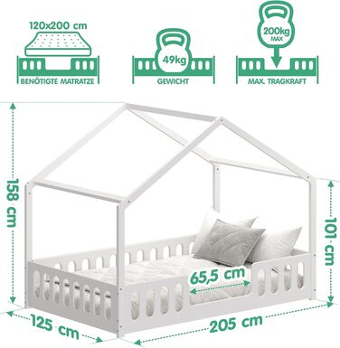 Домашнє ліжко CADANI Janne 2в1 200x120 см біле, знімний гнучкий захист від випадіння, дитяче ліжко, що розкладається, дизайн Монте