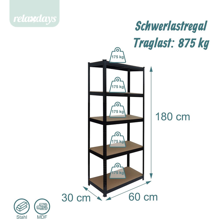 Міцний стелаж Relaxdays, ВxШxГ 180 x 60 x 30 см, 875 кг, 5 полиць, полиця для зберігання в підвалі, вставного типу, чорний/коричневий