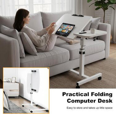 Мобільний столик для ліжка на колесах, регульована висота бічного столика 60-90 см та кут нахилу, столик для догляду за ліжком, столик для ноутбука, столик для дивана на колесах, столик для стояння зі звукоізоляцією (білий)