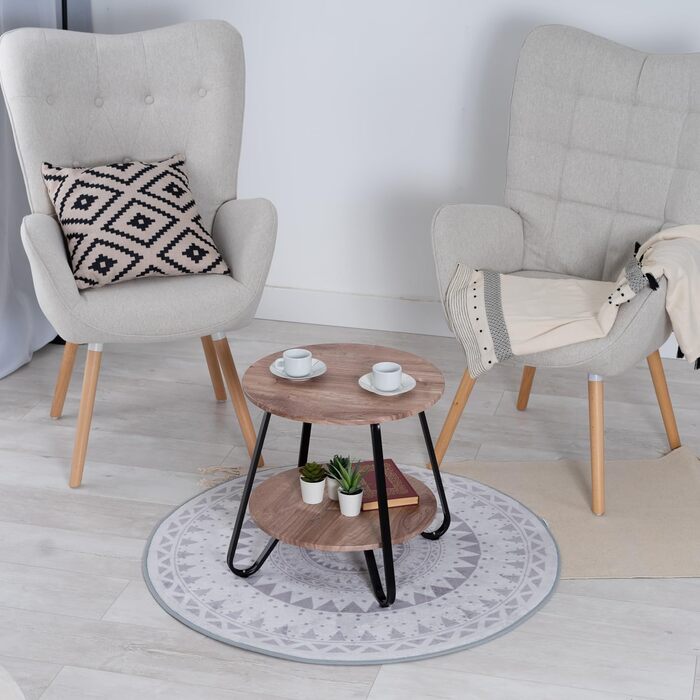 Приставний столик Журнальний столик Кругла тумбочка Журнальний столик Диван-столик з полицею для вітальні Спальні, промисловий дизайн, металевий каркас, дуб, дерево, 46x46x45 см