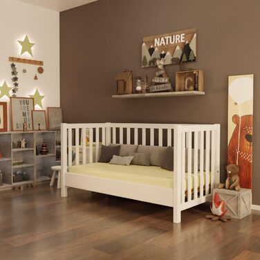 Дитяче ліжко з масиву дерева/для малюків, дитяче ліжко з масиву дерева для хлопчиків та дівчаток, з високоякісною рейковою основою, регульована висота зі знімними рейками, 70x140 см (біле (лаковане), 140 x 70 см) Біле (лаковане) 140 x 70 см, 27