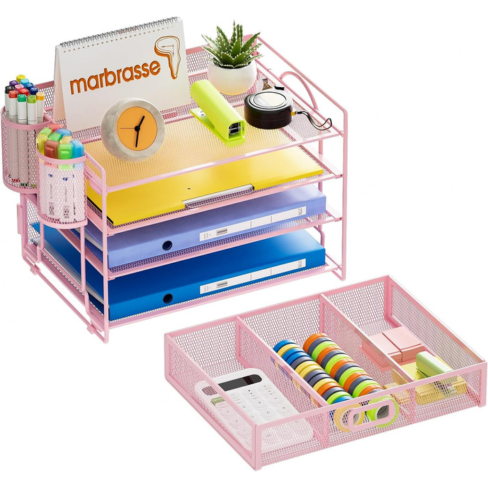 Органайзер для столу Marbrasse, 4-рівневий органайзер для паперу з шухлядою та 2 тримачами для ручок, сітчастий органайзер для домашнього офісного приладдя (рожевий)