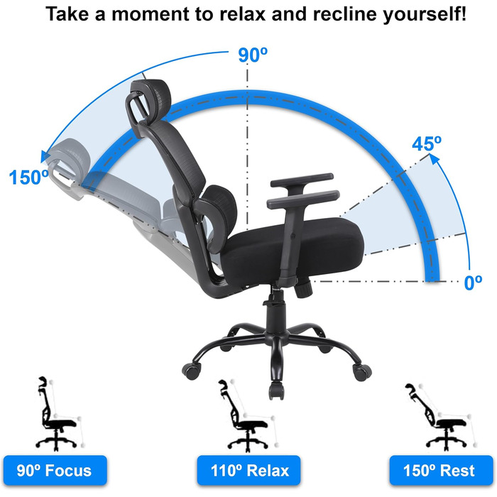 Ергономічне офісне крісло TITANO - Робоче крісло з регульованою висотою, підголівником та підлокітниками. Обертове крісло з функцією гойдання, поперековою опорою, піною з ефектом пам&39яті 12 см Вантажопідйомність 150 кг