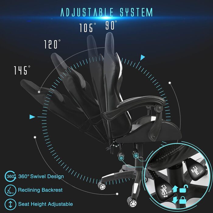 Ігрове крісло Todeco, масажне з підсвічуванням, світлодіодне гоночне крісло, ігрове крісло, ергономічне офісне крісло, регульована спинка, регульована висота, поворотне крісло з підголівником та поперековою подушкою, біле