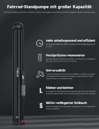 Велосипедний насос Tiakia з манометром, маленький велосипедний насос для всіх типів вентилів, алюмінієвий міні-насос, портативний насос для шин Schrader та Presta, шосейні та гірські велосипеди, 260 PSI/18 бар